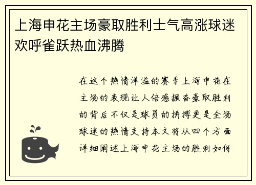 上海申花主场豪取胜利士气高涨球迷欢呼雀跃热血沸腾