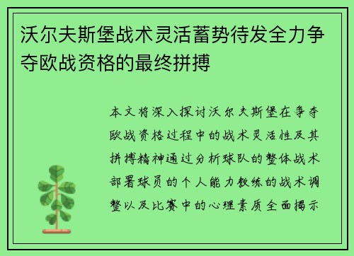 沃尔夫斯堡战术灵活蓄势待发全力争夺欧战资格的最终拼搏