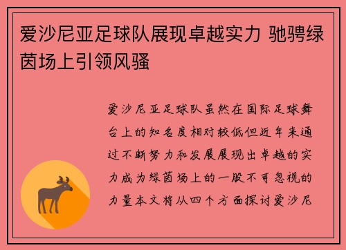 爱沙尼亚足球队展现卓越实力 驰骋绿茵场上引领风骚
