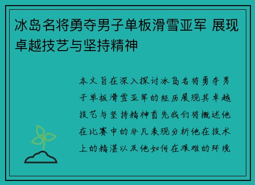 冰岛名将勇夺男子单板滑雪亚军 展现卓越技艺与坚持精神