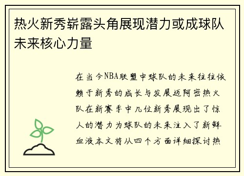 热火新秀崭露头角展现潜力或成球队未来核心力量