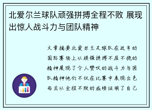 北爱尔兰球队顽强拼搏全程不败 展现出惊人战斗力与团队精神