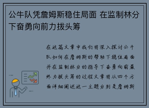 公牛队凭詹姆斯稳住局面 在监制林分下奋勇向前力拔头筹