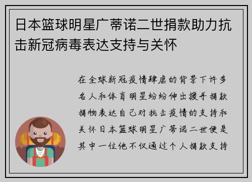 日本篮球明星广蒂诺二世捐款助力抗击新冠病毒表达支持与关怀