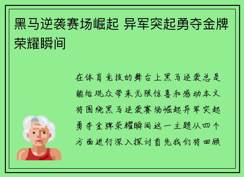 黑马逆袭赛场崛起 异军突起勇夺金牌荣耀瞬间