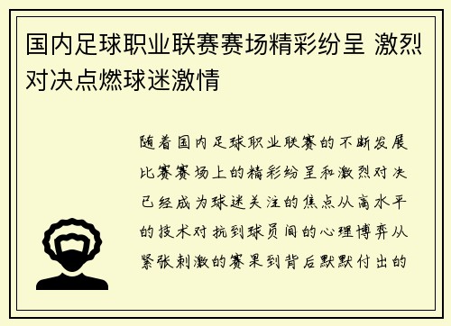 国内足球职业联赛赛场精彩纷呈 激烈对决点燃球迷激情