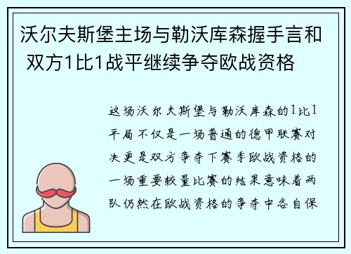 沃尔夫斯堡主场与勒沃库森握手言和 双方1比1战平继续争夺欧战资格