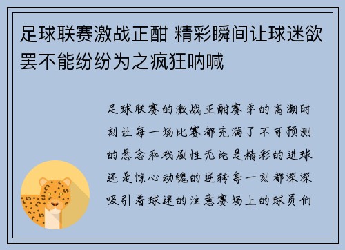 足球联赛激战正酣 精彩瞬间让球迷欲罢不能纷纷为之疯狂呐喊