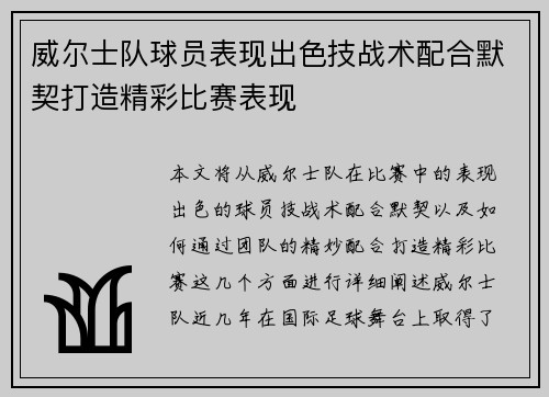 威尔士队球员表现出色技战术配合默契打造精彩比赛表现
