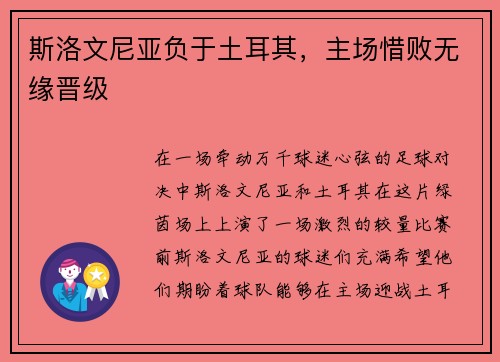 斯洛文尼亚负于土耳其，主场惜败无缘晋级