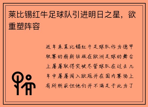 莱比锡红牛足球队引进明日之星，欲重塑阵容