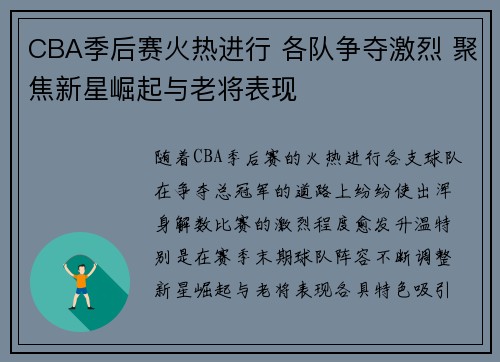 CBA季后赛火热进行 各队争夺激烈 聚焦新星崛起与老将表现