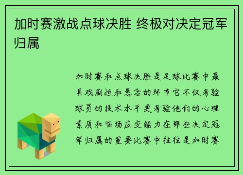 加时赛激战点球决胜 终极对决定冠军归属