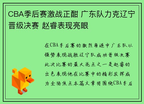 CBA季后赛激战正酣 广东队力克辽宁晋级决赛 赵睿表现亮眼